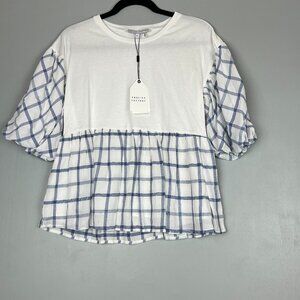 English Factory Mixed Media Plaid Peplum Top XS NWT